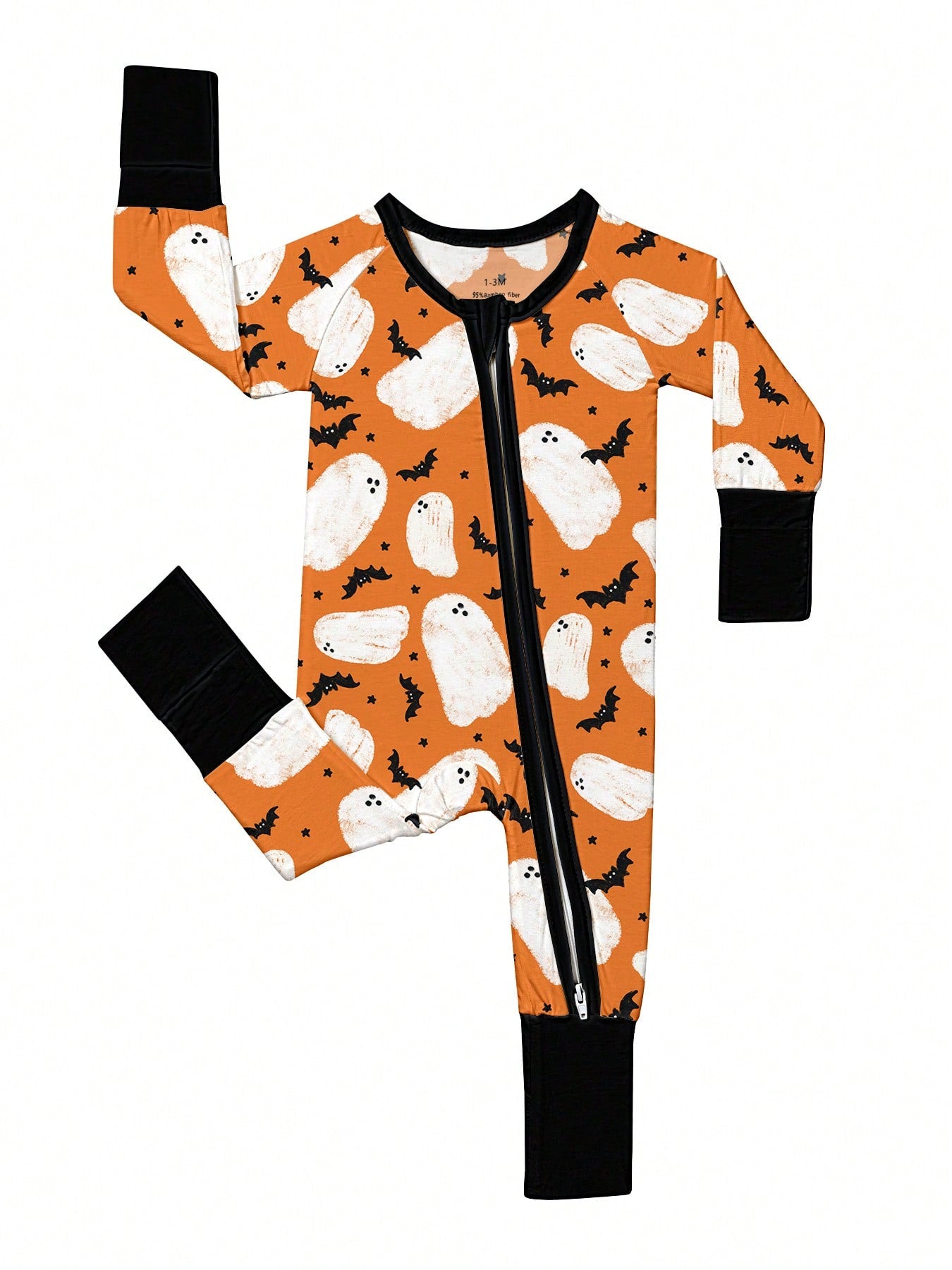 Baby Bamboo Fiber Zip-Up, Ghost Bat Print Romper, All-Season Knit Fabric Skinny Fit With Zipper Detail, Boy Baby Girl Clothes, Perfect For Halloween Outdoor