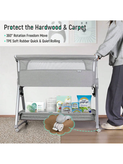 Baby Bassinet, Beside Sleeper For Baby Easy Folding Bedside Bassinet With Storage Basket And Wheels To Reduce Mom's Fatigue (Dark Grey)