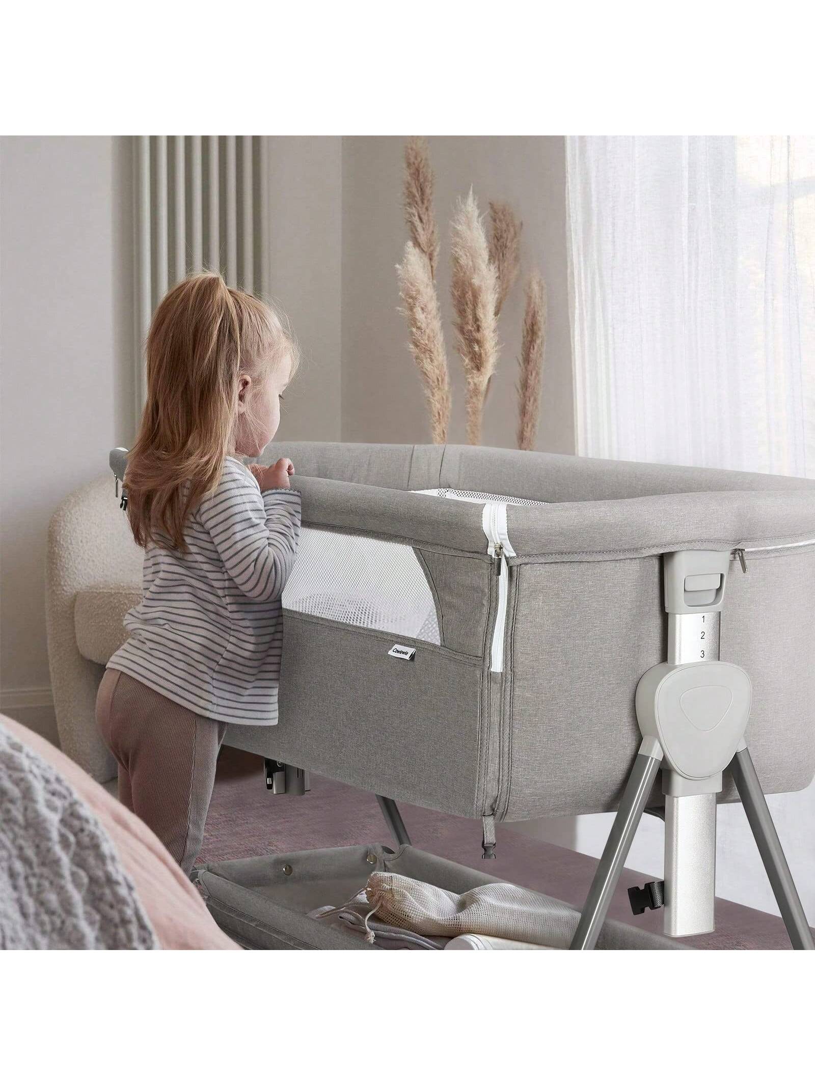 Baby Bassinet, Beside Sleeper For Baby Easy Folding Bedside Bassinet With Storage Basket And Wheels To Reduce Mom's Fatigue (Dark Grey)