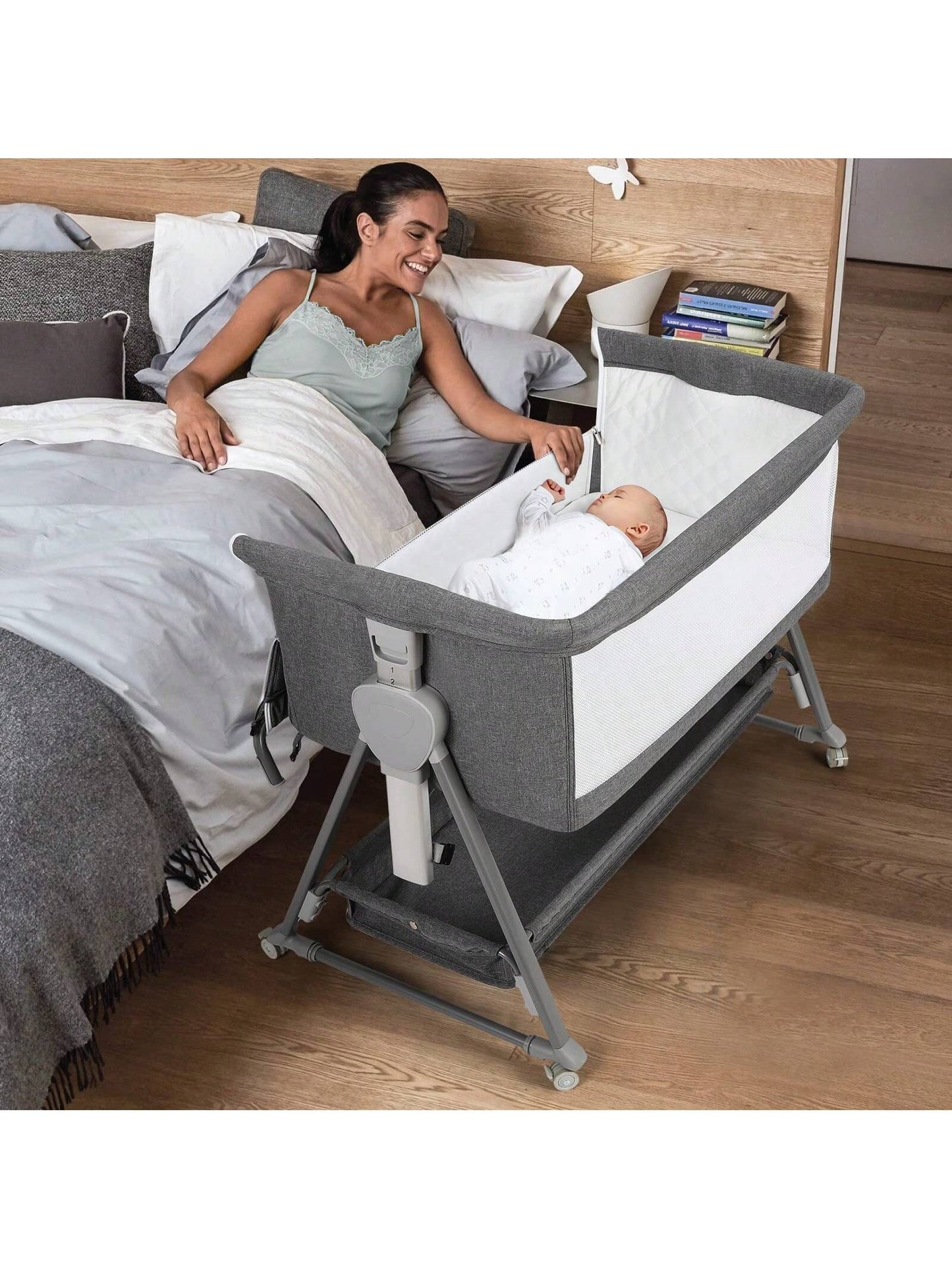 Baby Bassinet, Beside Sleeper For Baby Easy Folding Bedside Bassinet With Storage Basket And Wheels To Reduce Mom's Fatigue (Dark Grey)