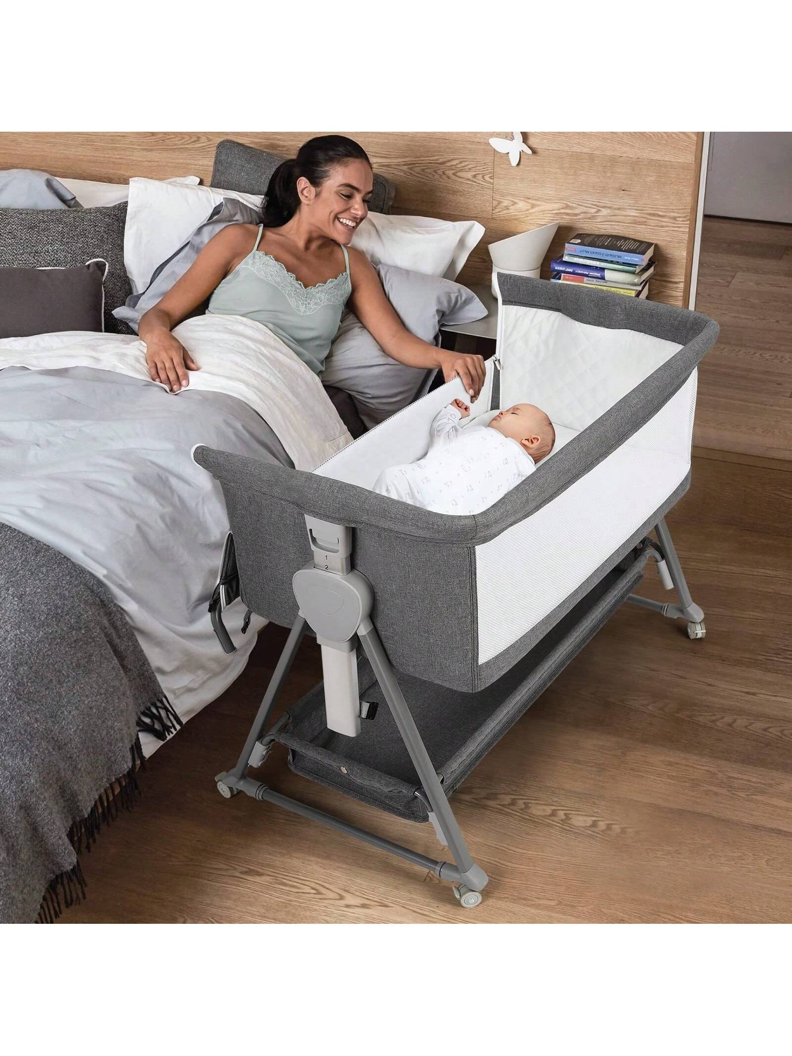 Baby Bassinet, Beside Sleeper For Baby Easy Folding Bedside Bassinet With Storage Basket And Wheels To Reduce Mom's Fatigue (Dark Grey)