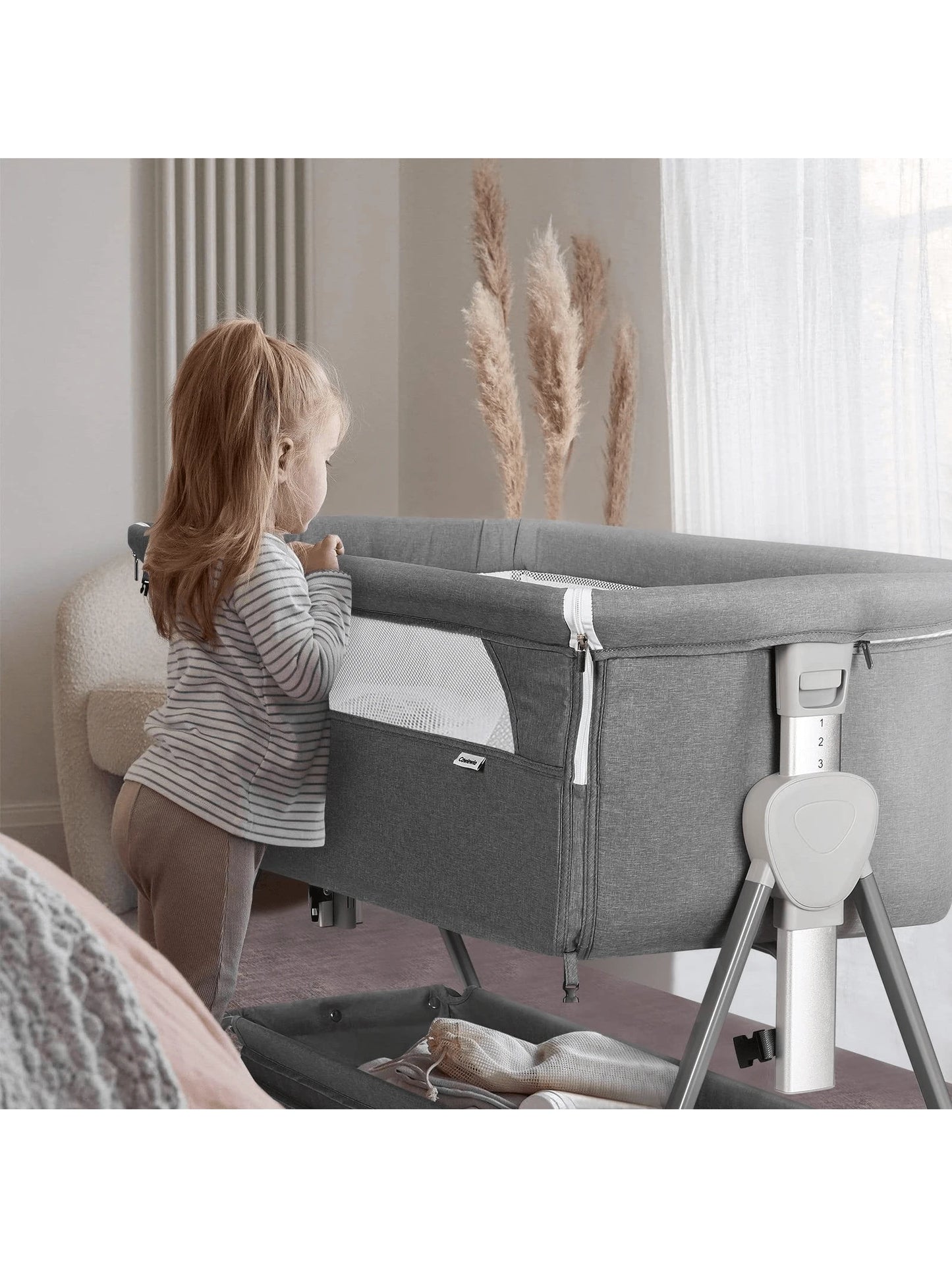 Baby Bassinet, Beside Sleeper For Baby Easy Folding Bedside Bassinet With Storage Basket And Wheels To Reduce Mom's Fatigue (Dark Grey)