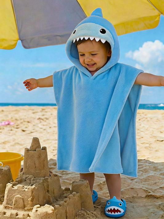 Baby Boy 3D Shark Shaped Plush Absorbent Bathrobe Suitable For Daily Bathing, Beach Swimming, Vacation And Beach