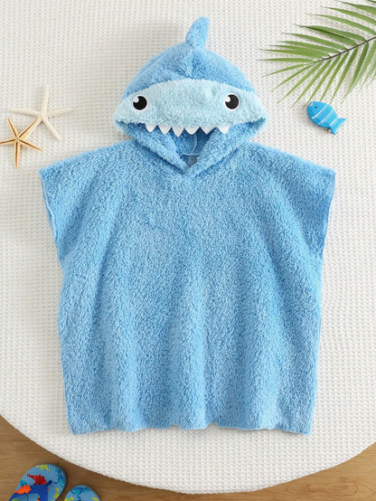 Baby Boy 3D Shark Shaped Plush Absorbent Bathrobe Suitable For Daily Bathing, Beach Swimming, Vacation And Beach
