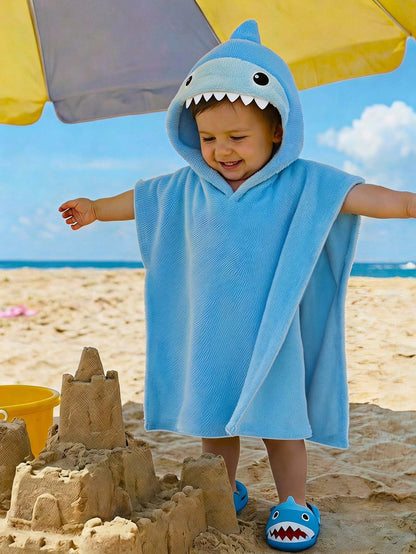 Baby Boy 3D Shark Shaped Plush Absorbent Bathrobe Suitable For Daily Bathing, Beach Swimming, Vacation And Beach