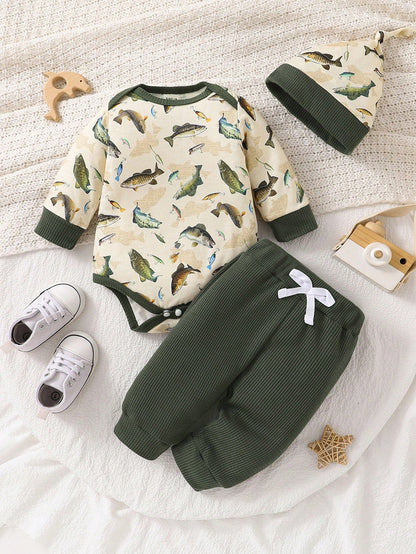 Baby Boy 3pcs Set Casual Outfit- Long Sleeve Bodysuit, Pants And Hat, Featuring Cute Underwater Fish Print, For Autumn