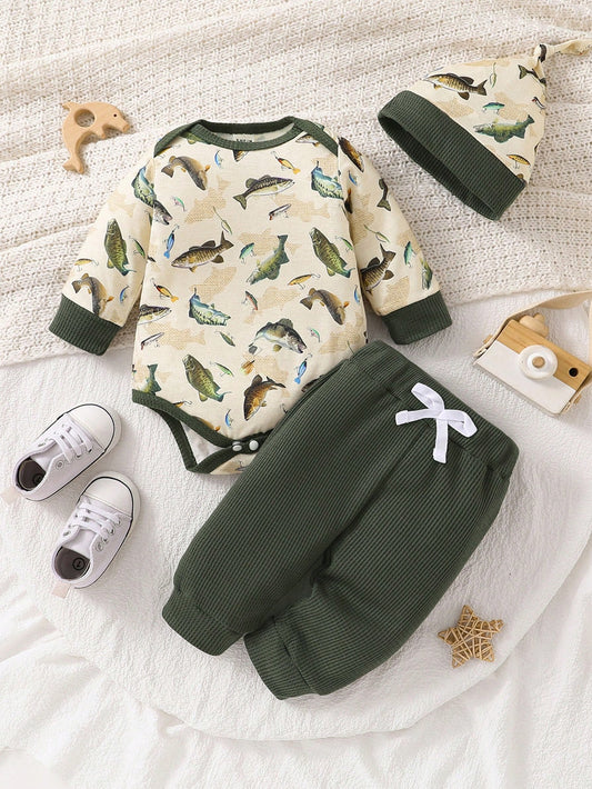 Baby Boy 3pcs Set Casual Outfit- Long Sleeve Bodysuit, Pants And Hat, Featuring Cute Underwater Fish Print, For Autumn