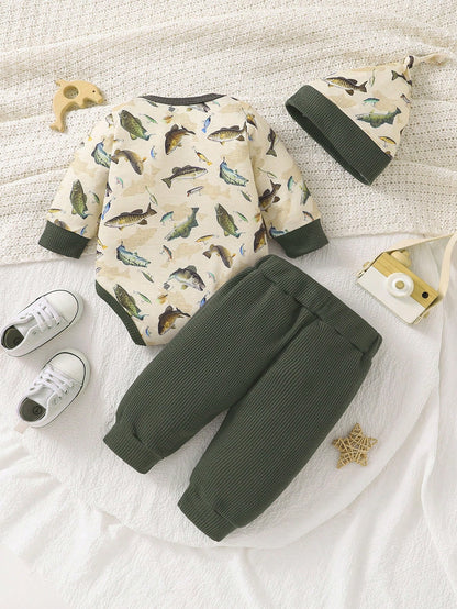Baby Boy 3pcs Set Casual Outfit- Long Sleeve Bodysuit, Pants And Hat, Featuring Cute Underwater Fish Print, For Autumn