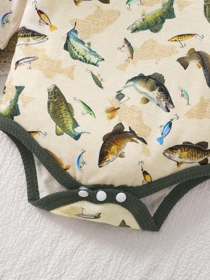 Baby Boy 3pcs Set Casual Outfit- Long Sleeve Bodysuit, Pants And Hat, Featuring Cute Underwater Fish Print, For Autumn