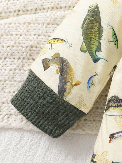 Baby Boy 3pcs Set Casual Outfit- Long Sleeve Bodysuit, Pants And Hat, Featuring Cute Underwater Fish Print, For Autumn
