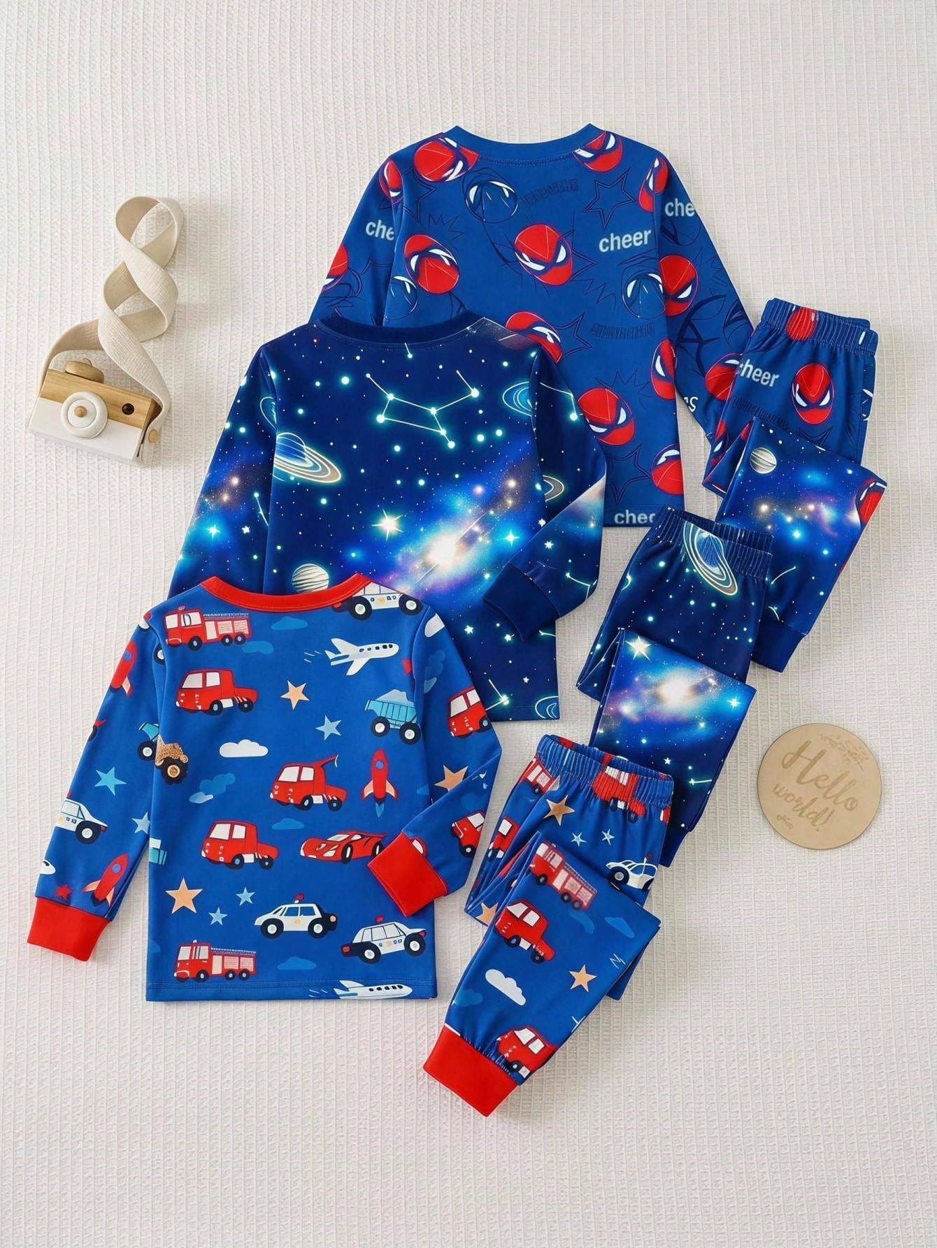 Baby Boy Baby Girl Snug Fit Autumn/Winter Cute Car Pattern Ribbed Crew Neck Long Sleeve Top & Pajama Pants Soft Comfortable Tight-Fitting Sleepwear Loungewear Set 2pcs, Christmas, New Year, Paja