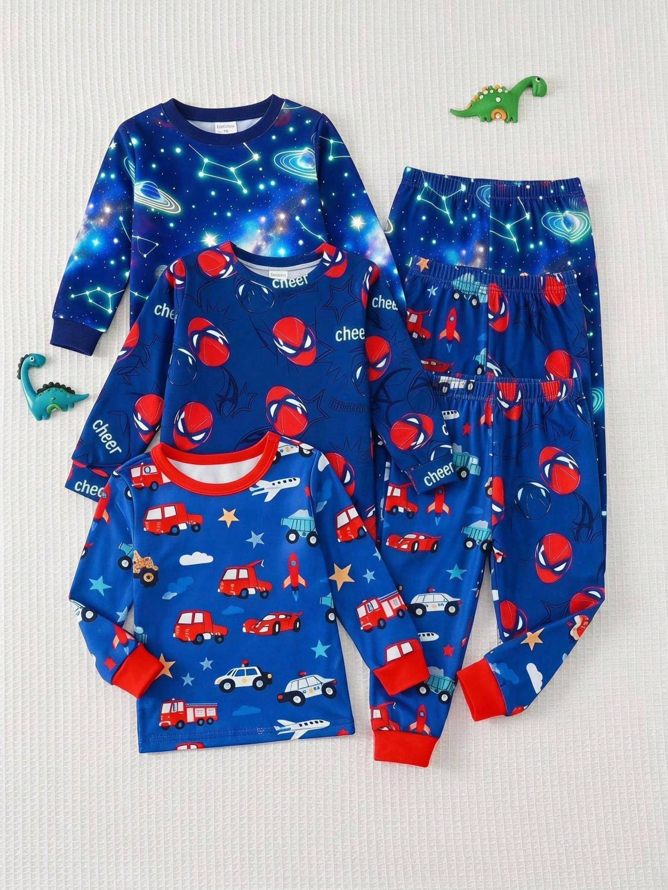 Baby Boy Baby Girl Snug Fit Autumn/Winter Cute Car Pattern Ribbed Crew Neck Long Sleeve Top & Pajama Pants Soft Comfortable Tight-Fitting Sleepwear Loungewear Set 2pcs, Christmas, New Year, Paja