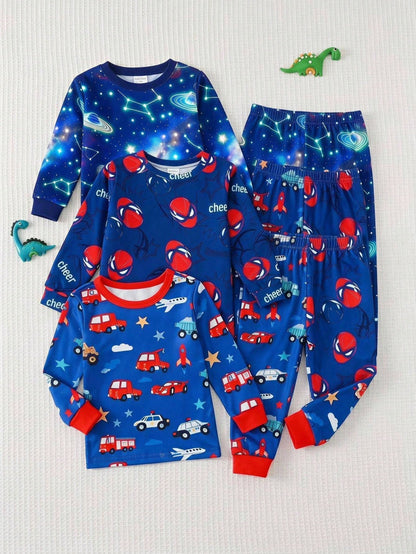 Baby Boy Baby Girl Snug Fit Autumn/Winter Cute Car Pattern Ribbed Crew Neck Long Sleeve Top & Pajama Pants Soft Comfortable Tight-Fitting Sleepwear Loungewear Set 2pcs, Christmas, New Year, Paja
