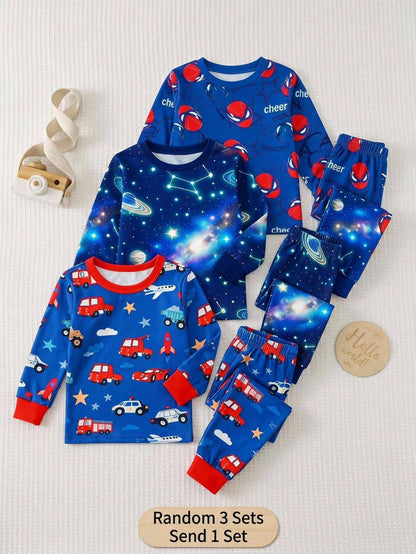 Baby Boy Baby Girl Snug Fit Autumn/Winter Cute Car Pattern Ribbed Crew Neck Long Sleeve Top & Pajama Pants Soft Comfortable Tight-Fitting Sleepwear Loungewear Set 2pcs, Christmas, New Year, Paja
