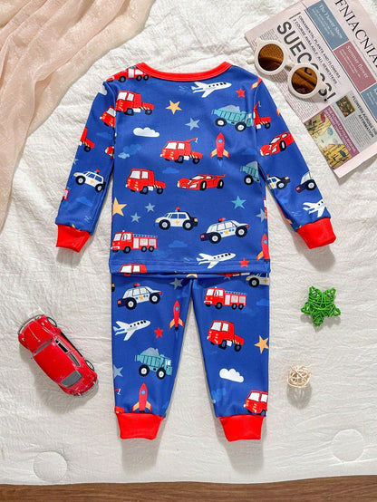 Baby Boy Baby Girl Snug Fit Autumn/Winter Cute Car Pattern Ribbed Crew Neck Long Sleeve Top & Pajama Pants Soft Comfortable Tight-Fitting Sleepwear Loungewear Set 2pcs, Christmas, New Year, Paja