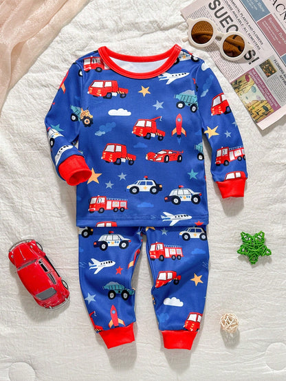 Baby Boy Baby Girl Snug Fit Autumn/Winter Cute Car Pattern Ribbed Crew Neck Long Sleeve Top & Pajama Pants Soft Comfortable Tight-Fitting Sleepwear Loungewear Set 2pcs, Christmas, New Year, Paja