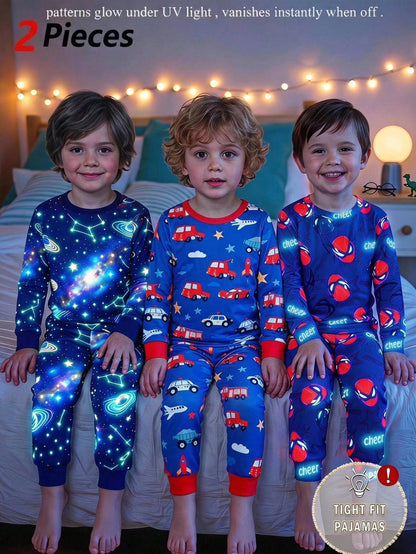 Baby Boy Baby Girl Snug Fit Autumn/Winter Cute Car Pattern Ribbed Crew Neck Long Sleeve Top & Pajama Pants Soft Comfortable Tight-Fitting Sleepwear Loungewear Set 2pcs, Christmas, New Year, Paja