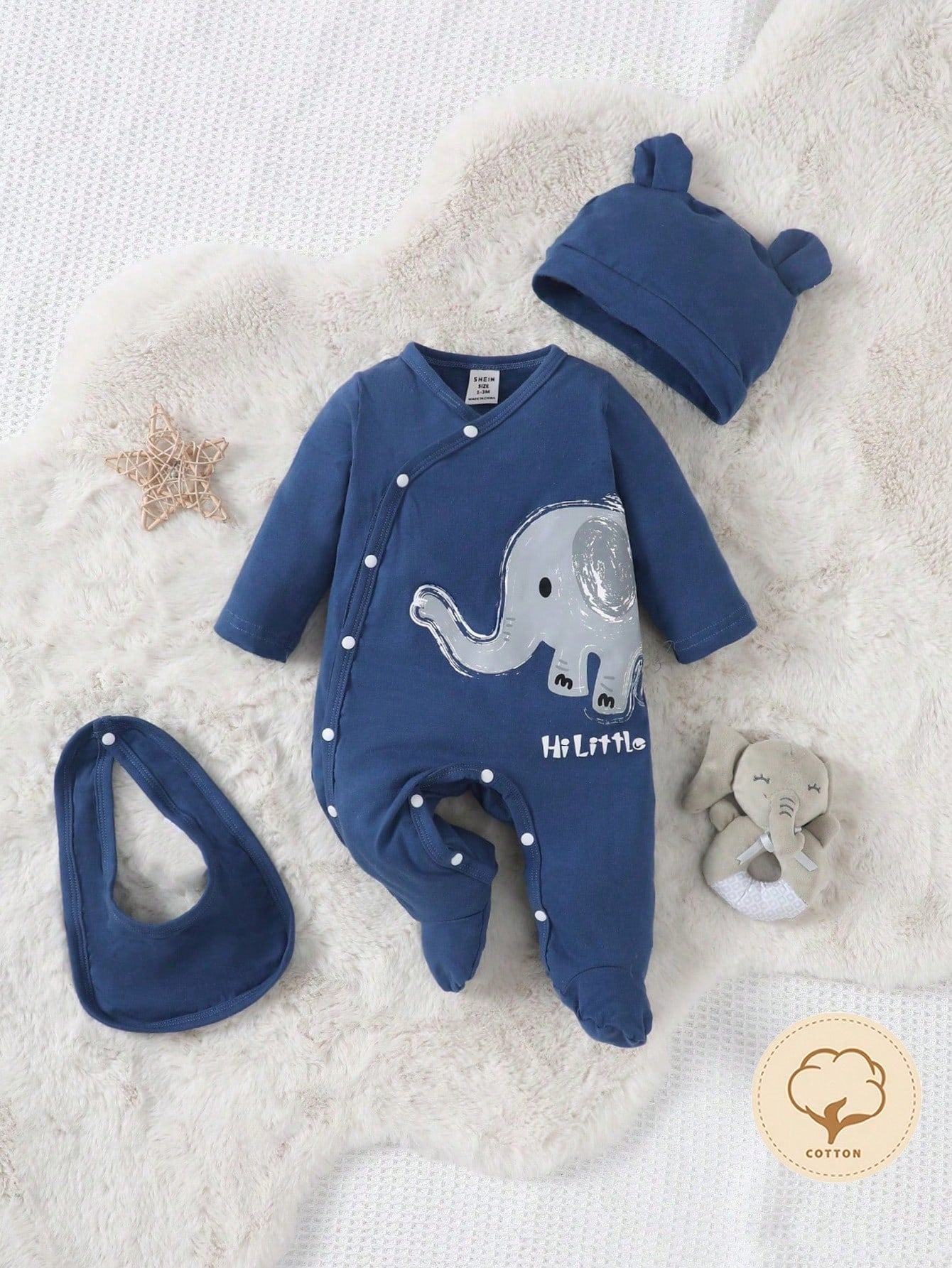 Baby Boy Blue Elephant Printed Long Sleeve Footed Jumpsuit With Hat And Bib Set Home Clothes
