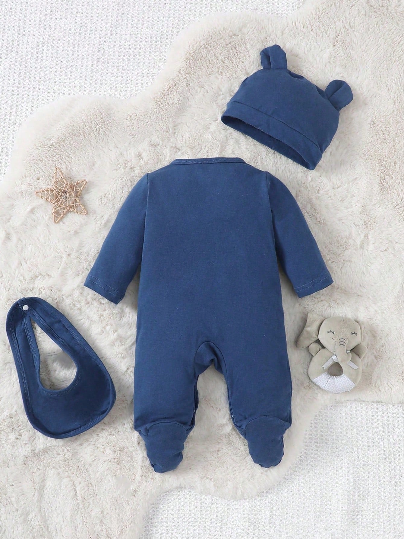 Baby Boy Blue Elephant Printed Long Sleeve Footed Jumpsuit With Hat And Bib Set Home Clothes