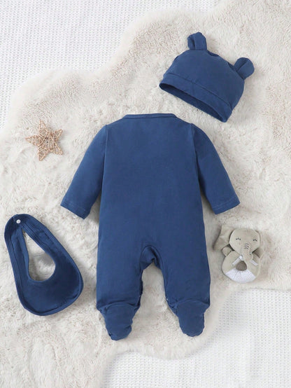 Baby Boy Blue Elephant Printed Long Sleeve Footed Jumpsuit With Hat And Bib Set Home Clothes