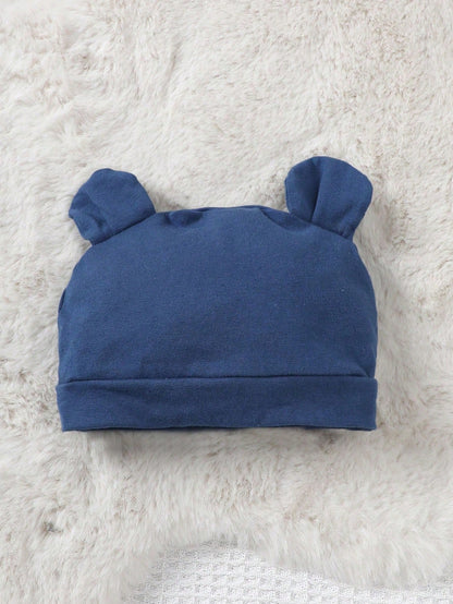 Baby Boy Blue Elephant Printed Long Sleeve Footed Jumpsuit With Hat And Bib Set Home Clothes