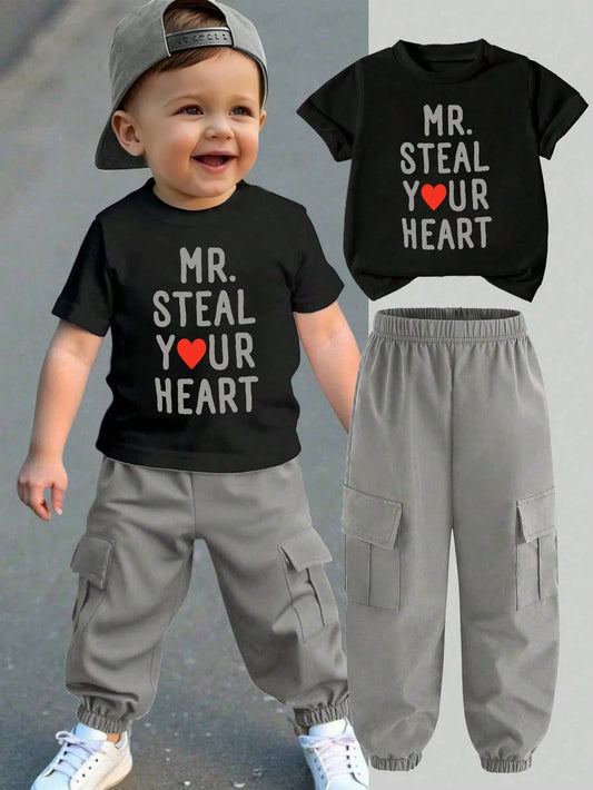 Baby Boy Casual Fashion Street Slogan & Heart Print Short Sleeve T-Shirt And Cargo Pants Set, Spring/Summer/Autumn