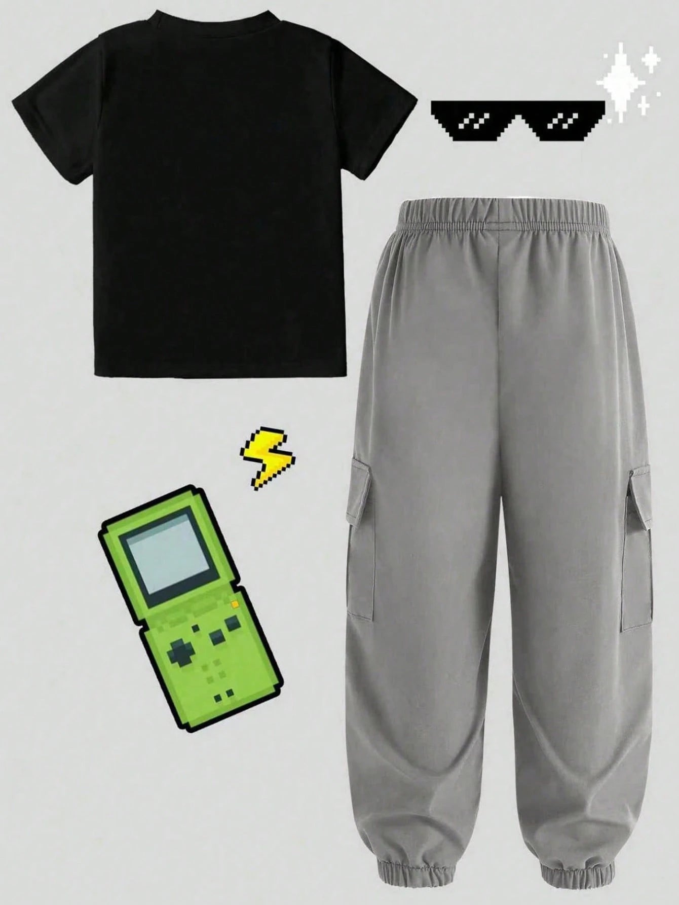 Baby Boy Casual Fashion Street Slogan & Heart Print Short Sleeve T-Shirt And Cargo Pants Set, Spring/Summer/Autumn