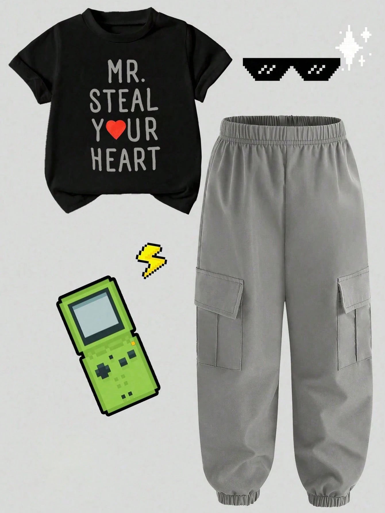 Baby Boy Casual Fashion Street Slogan & Heart Print Short Sleeve T-Shirt And Cargo Pants Set, Spring/Summer/Autumn