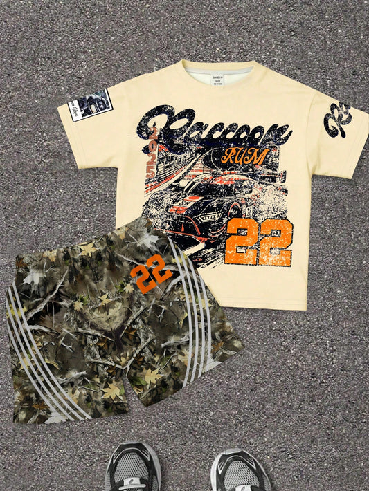 Baby Boy Casual Minimalist T-Shirt Set Suitable For Summer, Classic Cool Handsome Retro Racing Pattern Print, Number 22, Street Style Dried Leaves Pattern Print, Striped Pattern Print, Suitable For Sp