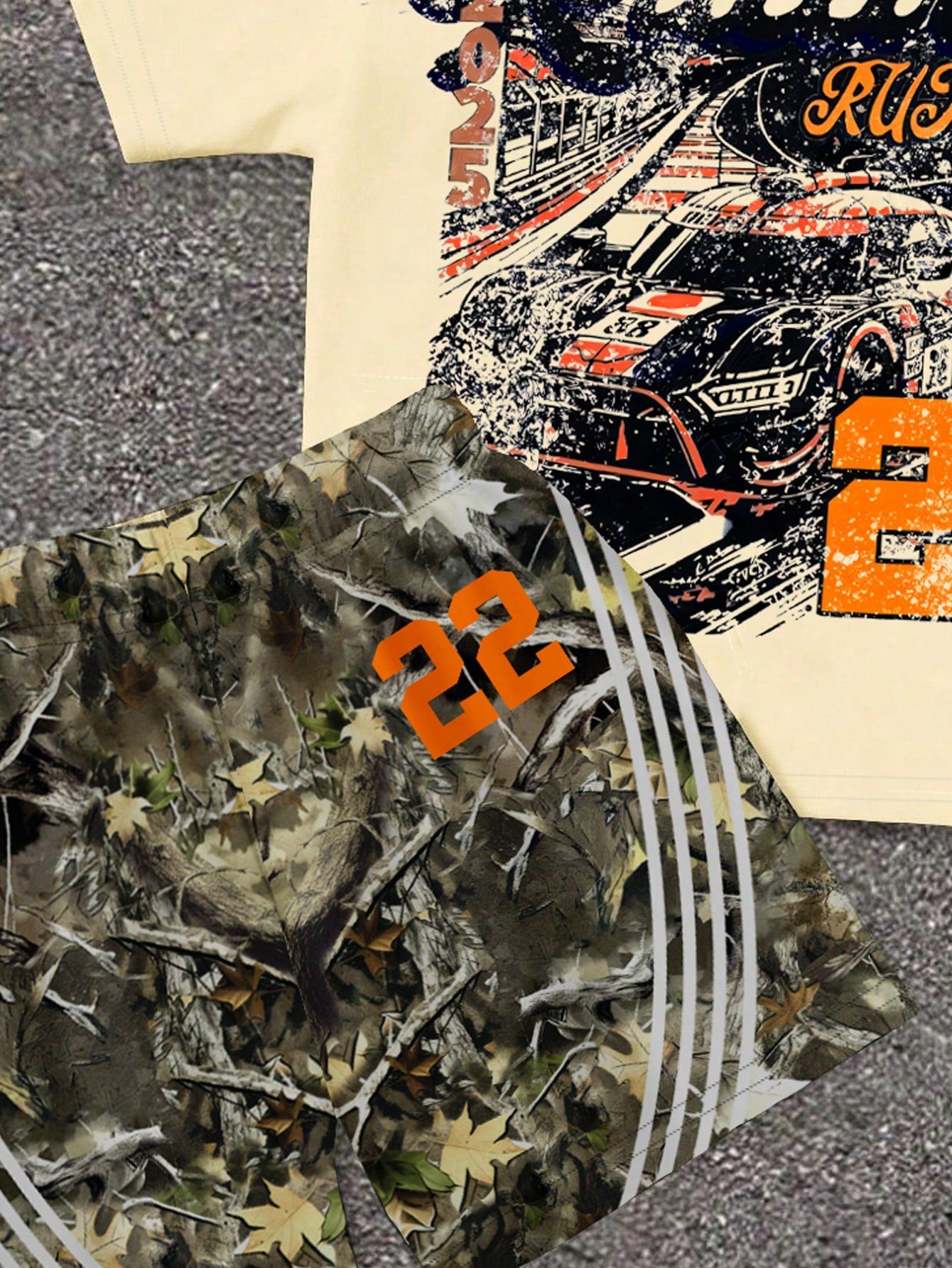 Baby Boy Casual Minimalist T-Shirt Set Suitable For Summer, Classic Cool Handsome Retro Racing Pattern Print, Number 22, Street Style Dried Leaves Pattern Print, Striped Pattern Print, Suitable For Sp