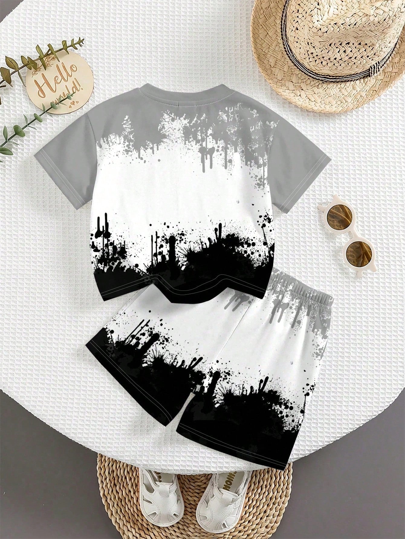 Baby Boy Casual Minimalist Tie-Dye Tie Dye Vacation & Sports Style All-Match Versatile Loose Comfortable T-Shirt Set, Suitable For Summer