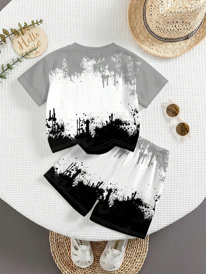 Baby Boy Casual Minimalist Tie-Dye Tie Dye Vacation & Sports Style All-Match Versatile Loose Comfortable T-Shirt Set, Suitable For Summer