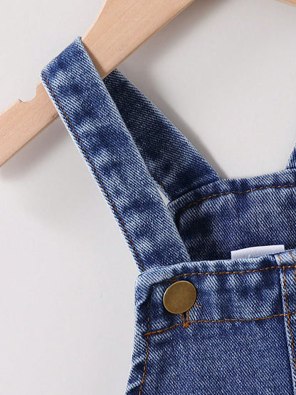 Baby Boy Casual Solid Color Denim Bib Overalls With Pockets, Boys' Comfortable Denim Cargo Pants With Bear Patch, Ideal For Outdoor Activities