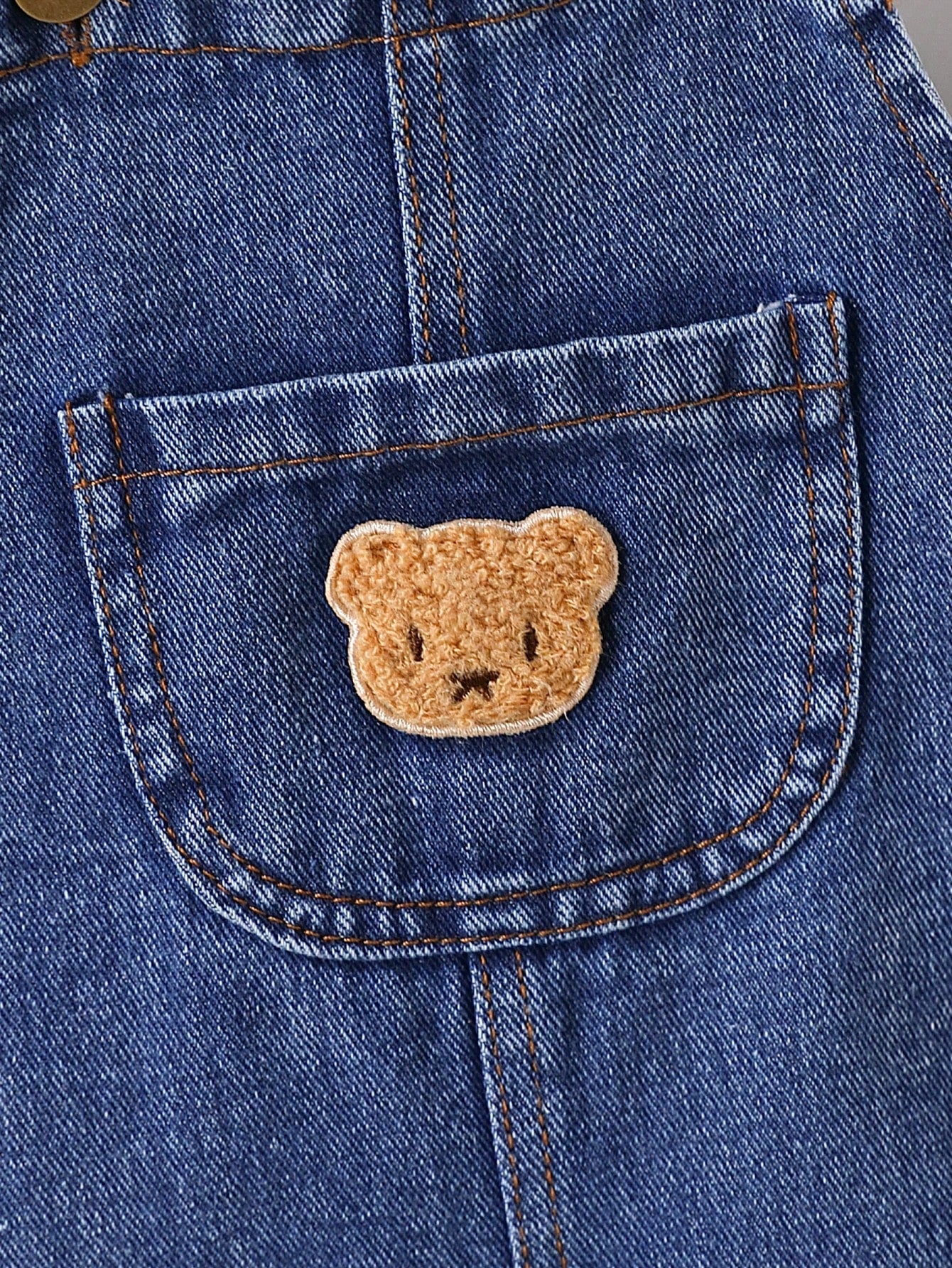 Baby Boy Casual Solid Color Denim Bib Overalls With Pockets, Boys' Comfortable Denim Cargo Pants With Bear Patch, Ideal For Outdoor Activities