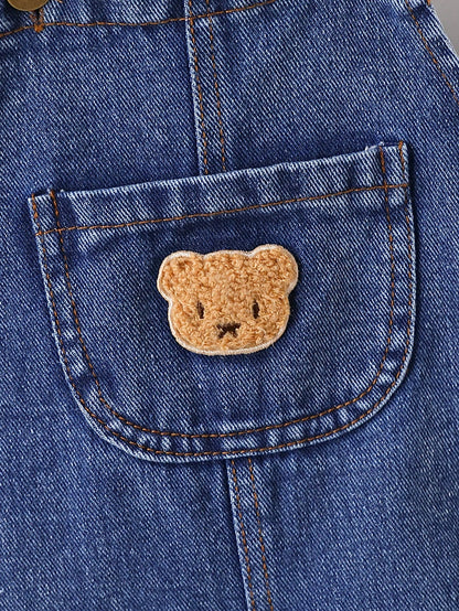 Baby Boy Casual Solid Color Denim Bib Overalls With Pockets, Boys' Comfortable Denim Cargo Pants With Bear Patch, Ideal For Outdoor Activities