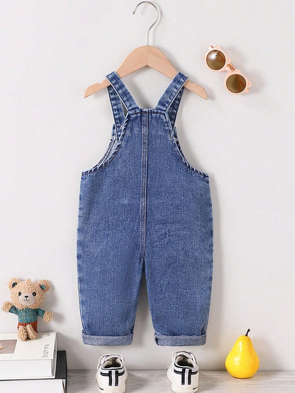 Baby Boy Casual Solid Color Denim Bib Overalls With Pockets, Boys' Comfortable Denim Cargo Pants With Bear Patch, Ideal For Outdoor Activities