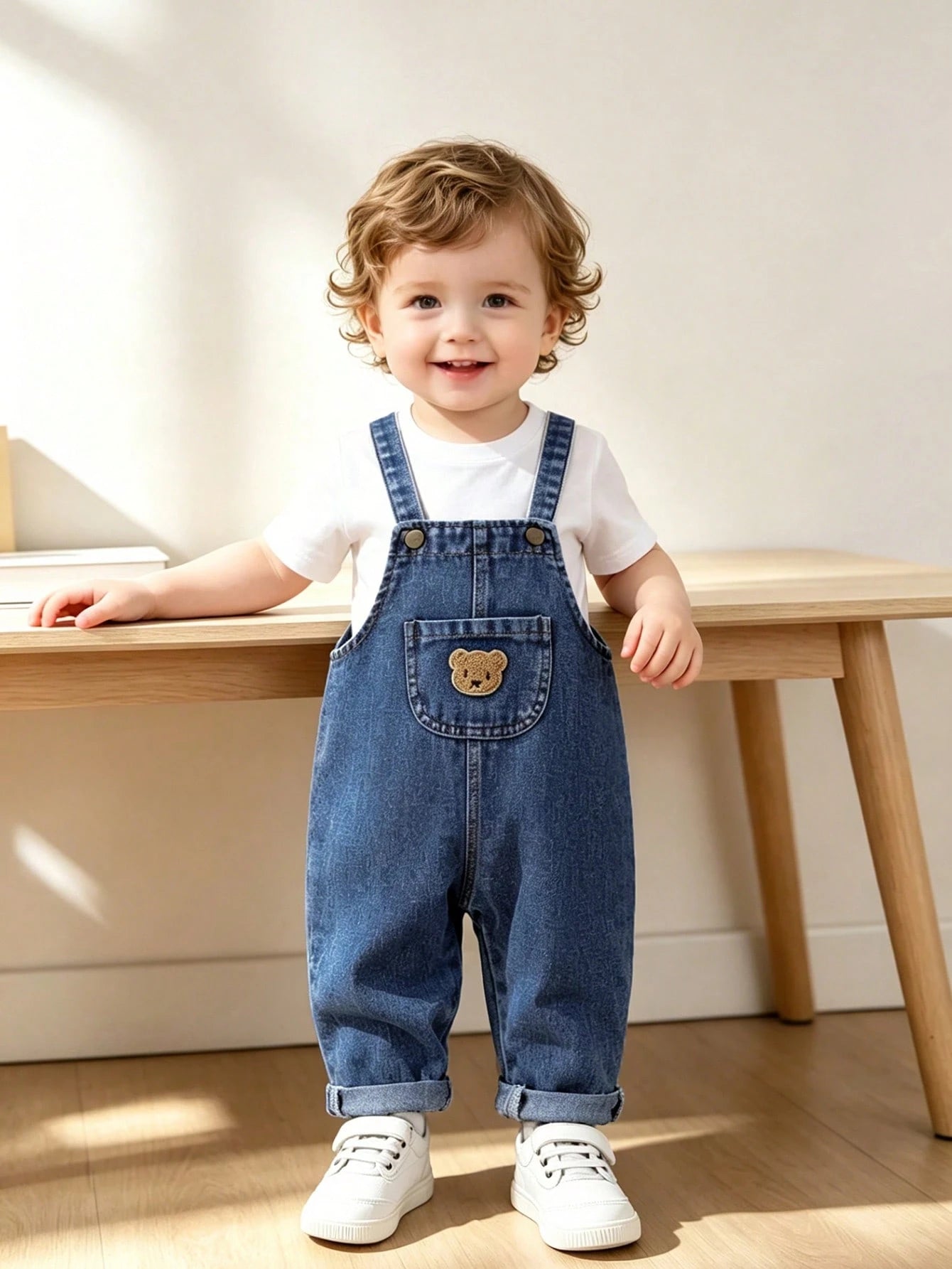 Baby Boy Casual Solid Color Denim Bib Overalls With Pockets, Boys' Comfortable Denim Cargo Pants With Bear Patch, Ideal For Outdoor Activities