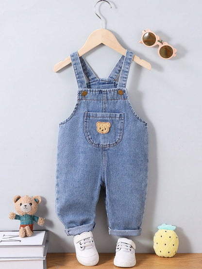 Baby Boy Casual Solid Color Denim Bib Overalls With Pockets, Boys' Comfortable Denim Cargo Pants With Bear Patch, Ideal For Outdoor Activities