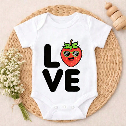 Baby Boy Clothes White Short Sleeve Bodysuit Love Strawberry Print Valentine's Day Cute Design Newborn Outfit Soft Cotton Fit