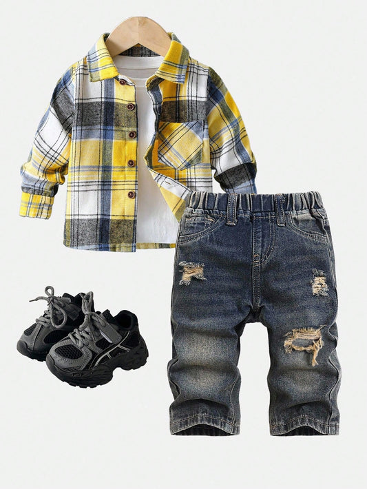 Baby Boy Fall And Winter Vintage Distressed Street Style Casual Dark Blue Denim Ripped Frayed Loose Fit Straight Leg Baggy Jeans, Without Top, For Back To School And Streetwear