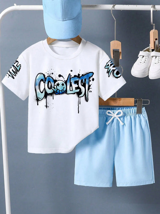 Baby Boy Letter Print Round Neck Short Sleeve T-Shirt And Shorts Casual Daily Outfit