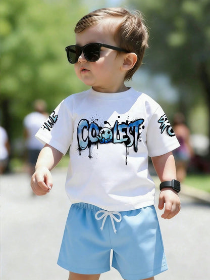 Baby Boy Letter Print Round Neck Short Sleeve T-Shirt And Shorts Casual Daily Outfit