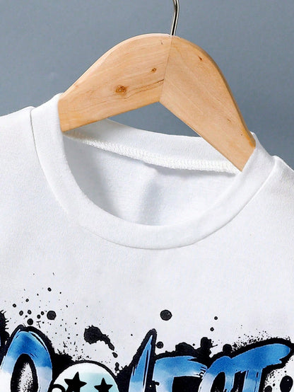 Baby Boy Letter Print Round Neck Short Sleeve T-Shirt And Shorts Casual Daily Outfit