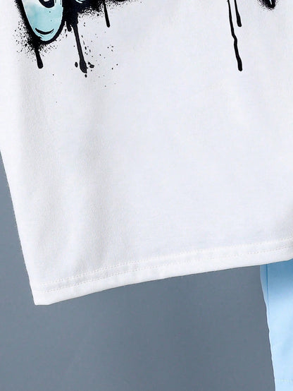 Baby Boy Letter Print Round Neck Short Sleeve T-Shirt And Shorts Casual Daily Outfit