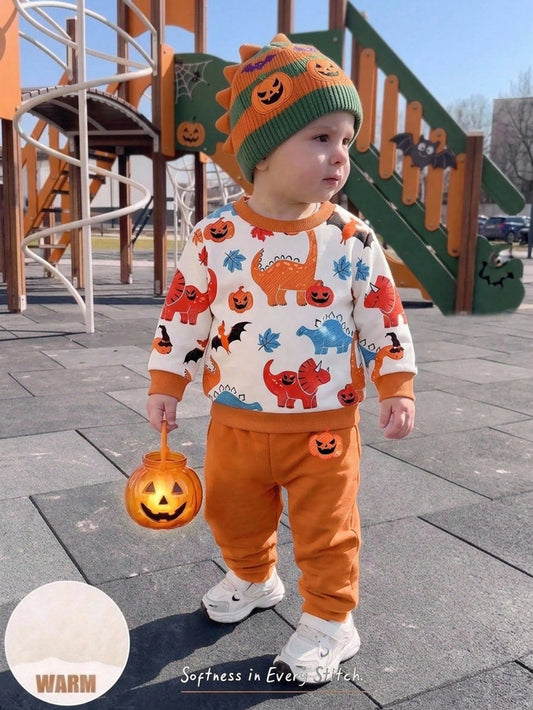 Baby Boy Round Neck Casual Comfortable Set Long Sleeves Sweatshirt Orange Pants Halloween Cute Comfort Soft Comfy Holiday Warm Winter Autumn