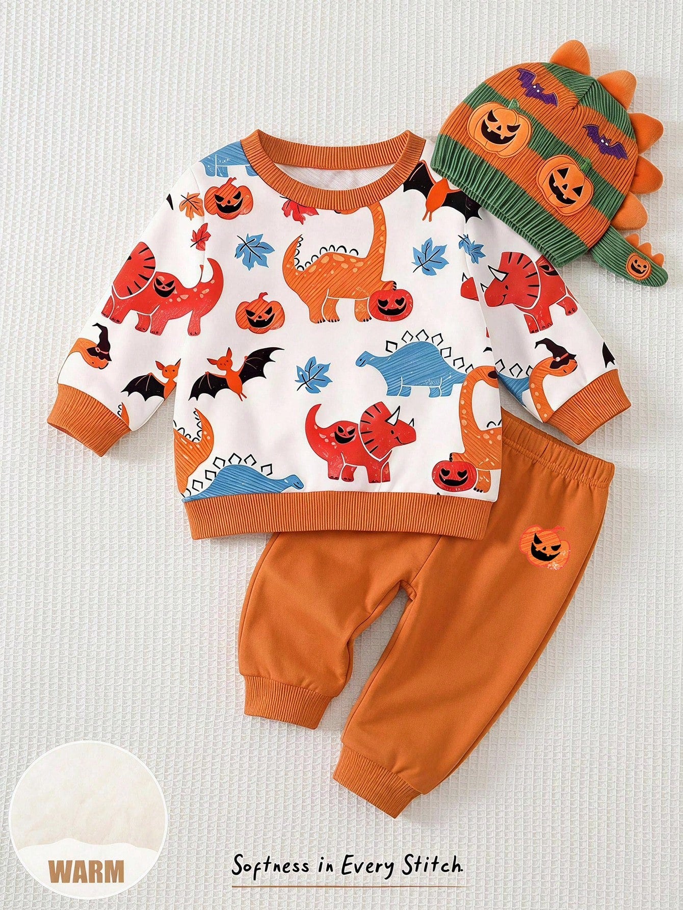 Baby Boy Round Neck Casual Comfortable Set Long Sleeves Sweatshirt Orange Pants Halloween Cute Comfort Soft Comfy Holiday Warm Winter Autumn