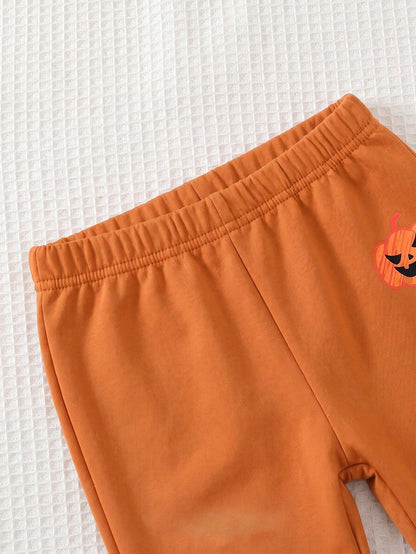 Baby Boy Round Neck Casual Comfortable Set Long Sleeves Sweatshirt Orange Pants Halloween Cute Comfort Soft Comfy Holiday Warm Winter Autumn