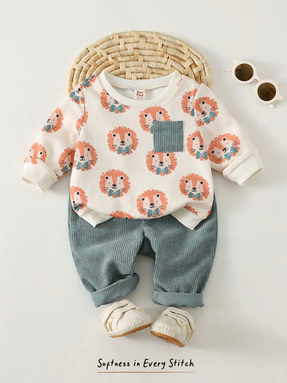 Baby Boy Round Neck Casual Comfortable Set Long Sleeves Sweatshirt Orange Pants Halloween Cute Comfort Soft Comfy Holiday Warm Winter Autumn