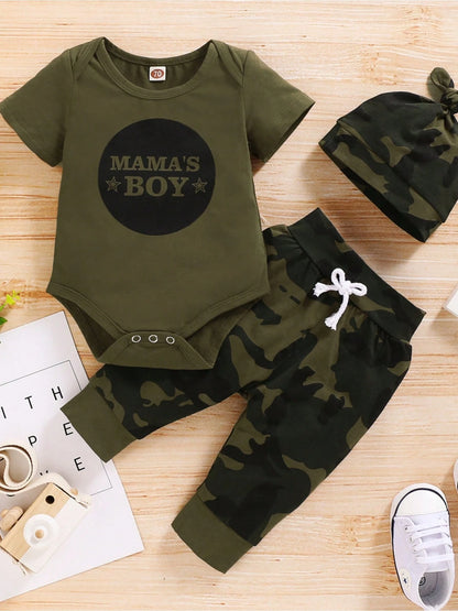 Baby Boy'S Cotton Outfit Set Camo Print Long Pants With Coordinating Short Sleeve "MAMA'S BOY" Bodysuit, Casual Style, Infant Fashion Clothing Set