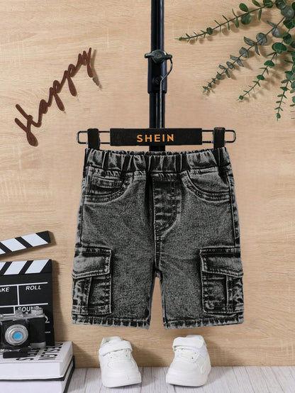 Baby Boy Spring Summer Stonewashed Flap Pocket Side Elastic Waist Cargo Denim Jeans Shorts,Summer Bottom
